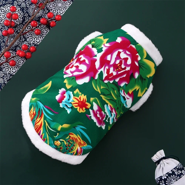 Autumn Winter Pet New Year Clothes Cat's Festive Cartoon Chinese & Western Style Hoodie with Big Flower Cotton & Fleece Lined