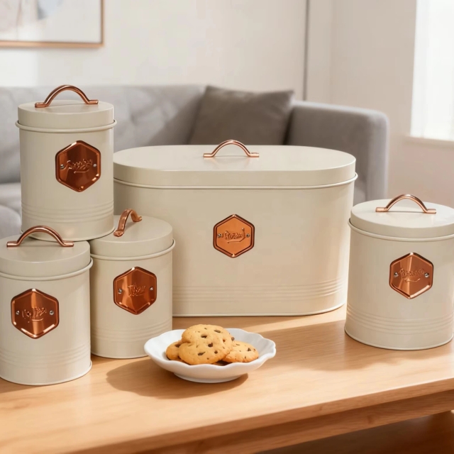 Vintage Cream Metal Kitchen Storage Canister Set with Copper Handles and Airtight Lids Bread Sugar Coffee Tea Containers Set